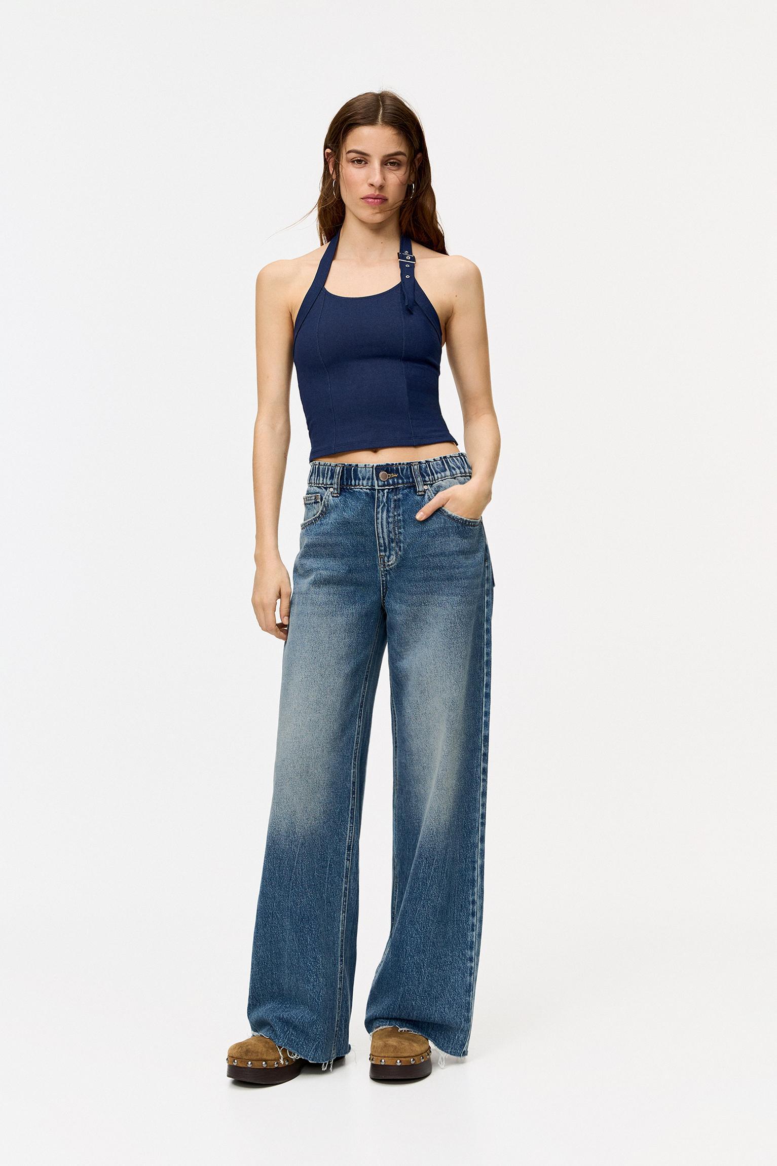 Wide leg baggy jeans with elastic waistband Product Image