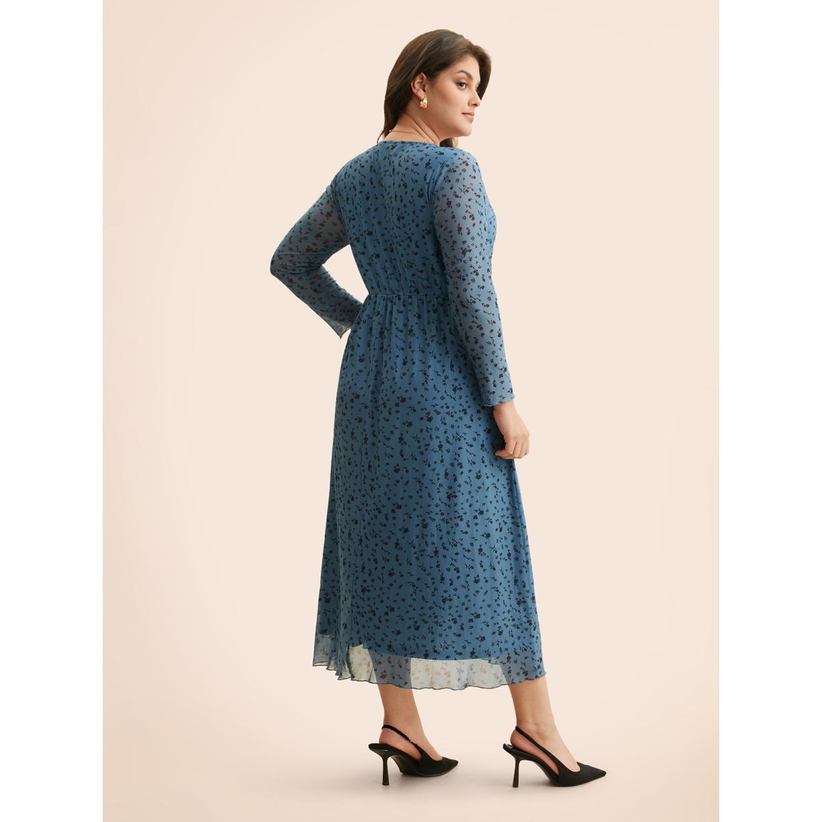 Plus Size Ditsy Floral Bowknot Patchwork Mesh Dress Cerulean Women Elegant Woven ribbon&lace trim V-neck Long Sleeve Curvy BloomChic 22-24/3X Product Image
