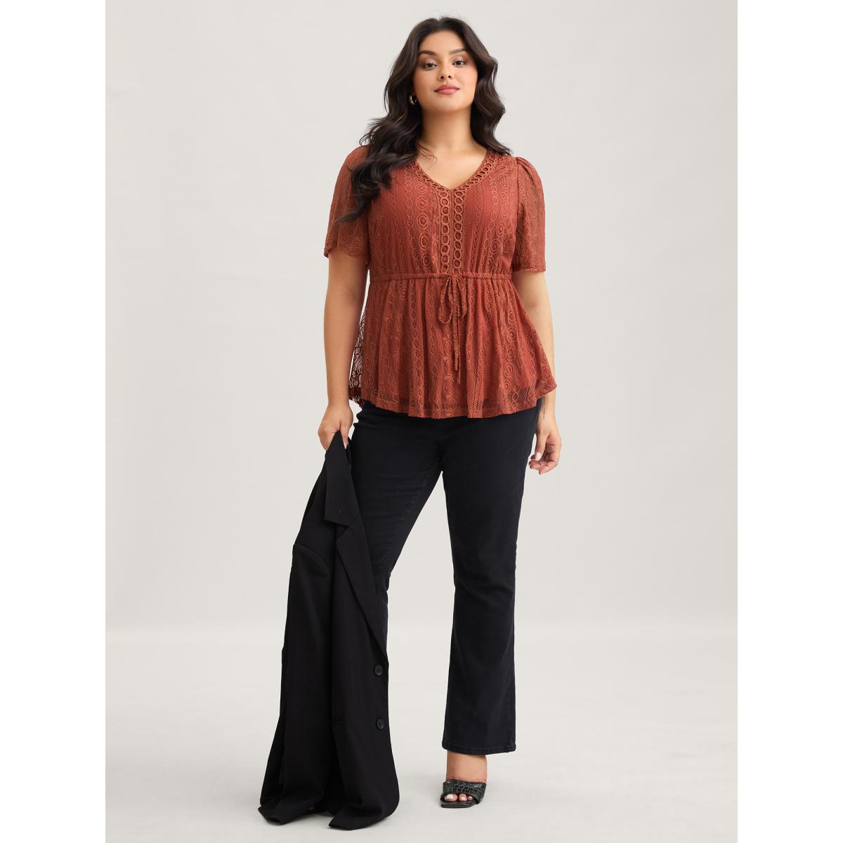 Plus Size Russet V Neck Lace Panel Drawstring Blouse Women Romantic Short sleeve V-neck Elegant Blouses BloomChic 22-24/3X Product Image