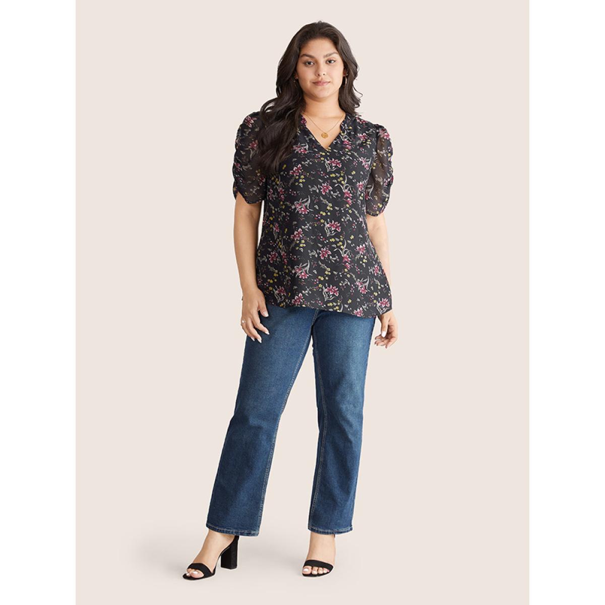 Plus Size BlackFlower Chiffon Ditsy Floral Puff Sleeve Gathered Blouse Women Elegant Short sleeve V-neck Everyday Blouses BloomChic 12/L Product Image
