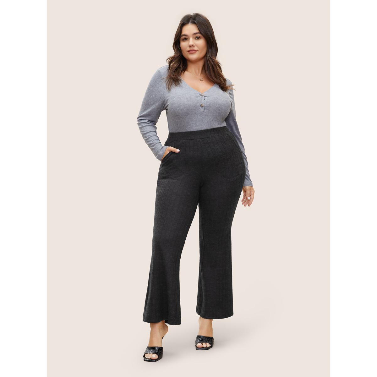 Plus Size Rib Knit Texture Elastic Waist Flare Leg Pants Women Black Work From Home Flare Leg High Rise Work Pants BloomChic 22-24/3X Product Image