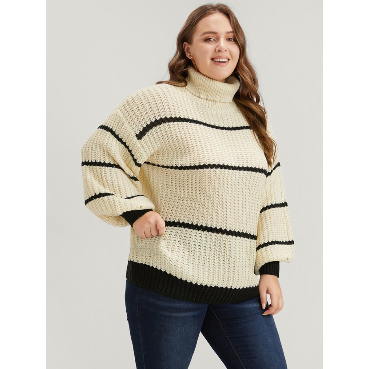 Plus Size Striped Contrast Pointelle Knit Lantern Sleeve Funnel Neck Knit Top Beige Women Elegant Loose Long Sleeve Turtleneck Dailywear Pullovers BloomChic 14-16/1X Product Image