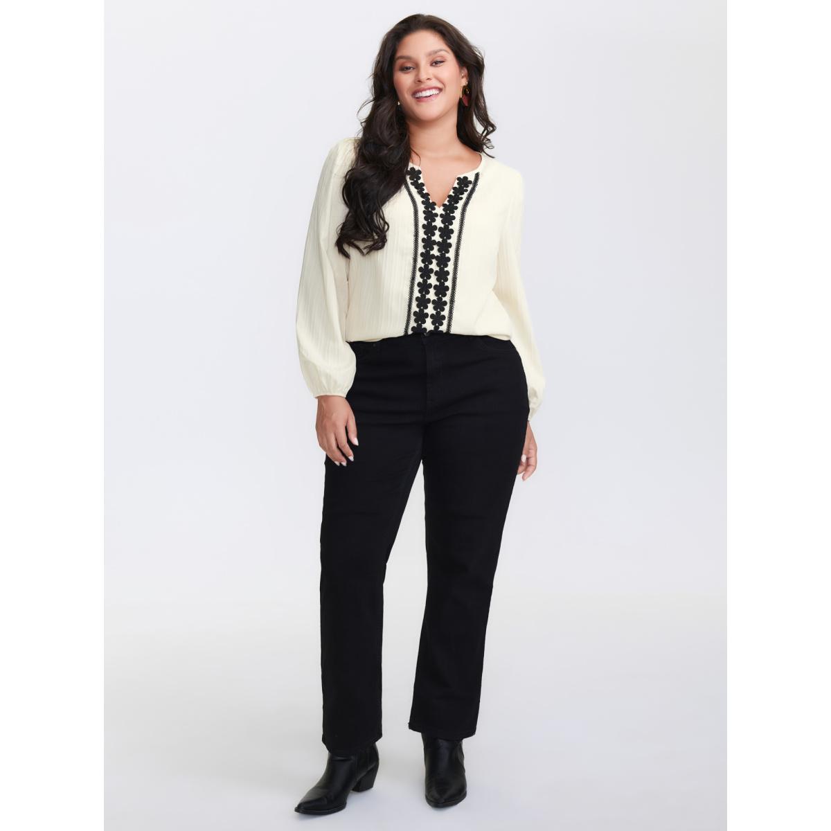 Plus Size Beige Lace Spliced Textured Lantern Sleeve Blouse Women Long Sleeve Notched collar Vacation Blouses BloomChic 18-20/2X Product Image