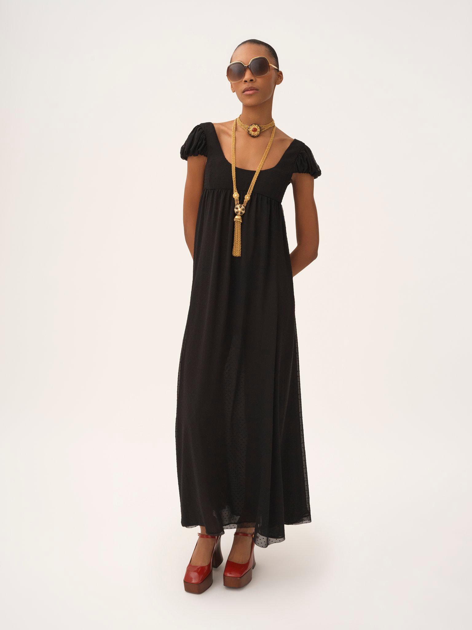 Puff-sleeve long dress in silk plumetis Product Image