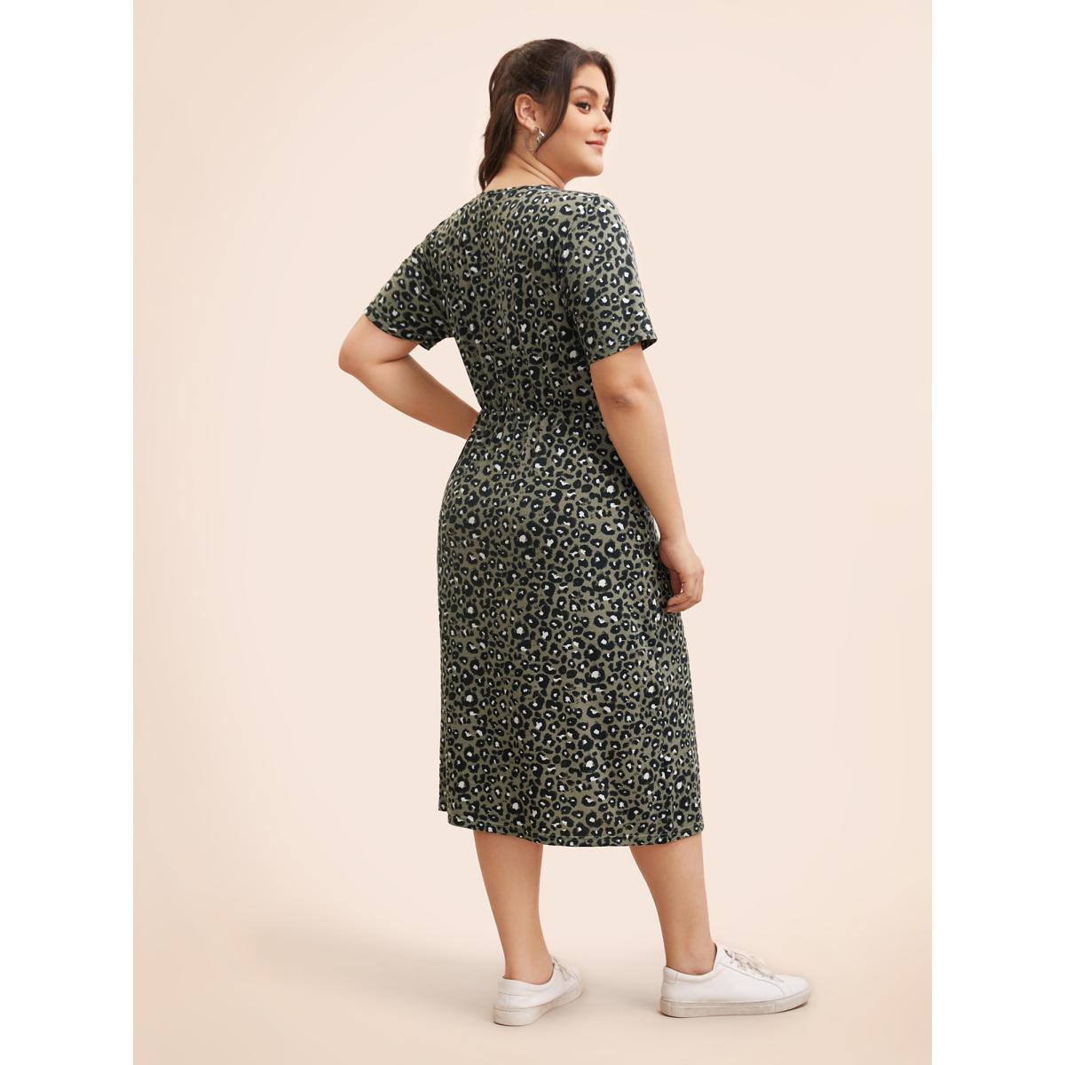 Plus Size Round Neck Leopard Print Midi Dress Sage Women Casual Non Round Neck Short sleeve Curvy BloomChic 14-16/1X Product Image