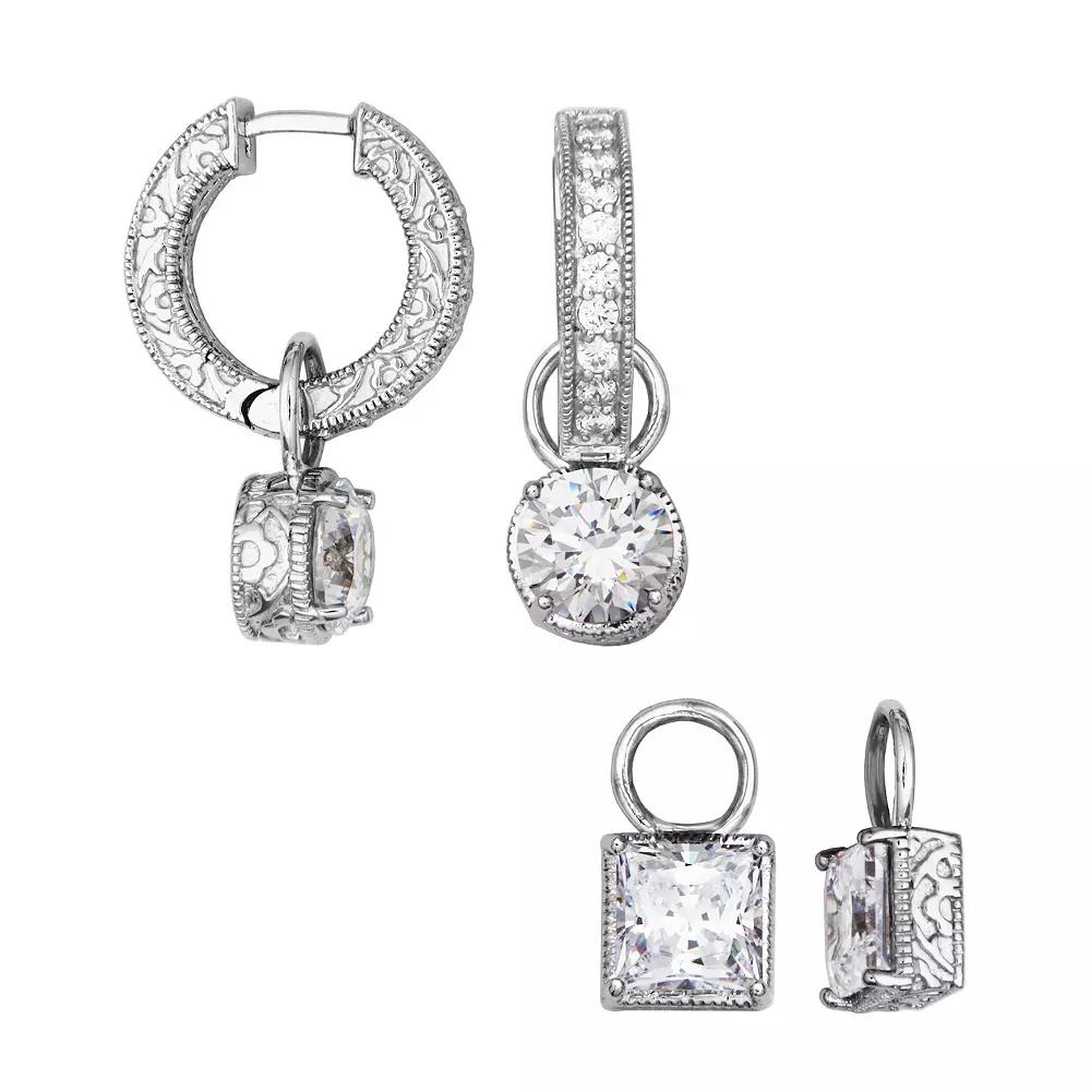 Rhodium Plated Sterling Silver Cubic Zirconia Hanging Charm Hinged Hoop Earrings, Women's Product Image