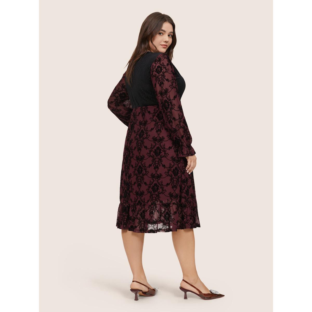Plus Size Velvet Patchwork Geometric Pleated Dress Scarlet Women Elegant Texture V-neck Long Sleeve Curvy Midi Dress BloomChic 14-16/1X Product Image