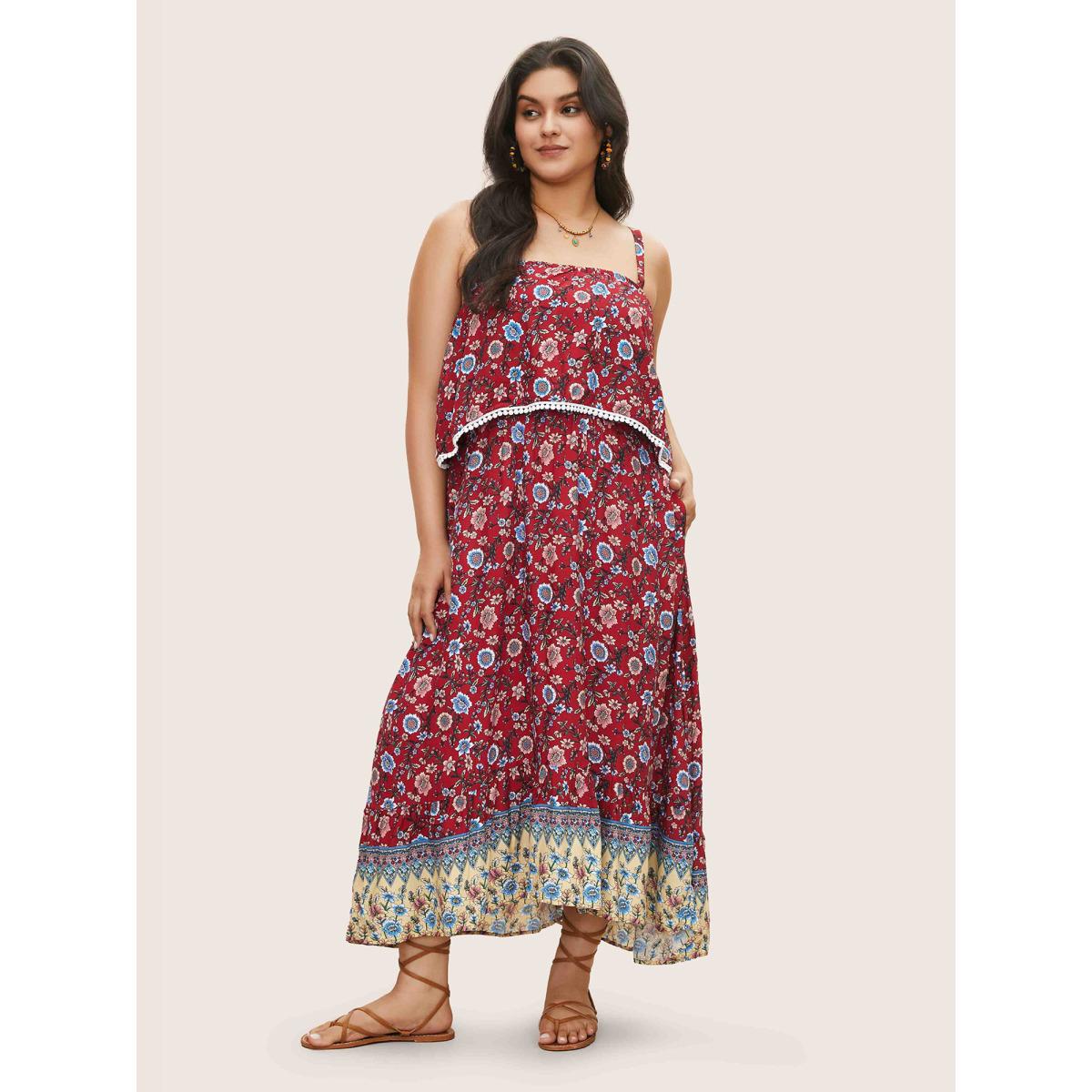 Plus Size Bandana Print Spaghetti Strap Pocket Ruffles Asymmetrical Hem Maxi Dress Scarlet Women Resort Non Non Sleeveless Curvy Long Dress BloomChic 30/6X Product Image