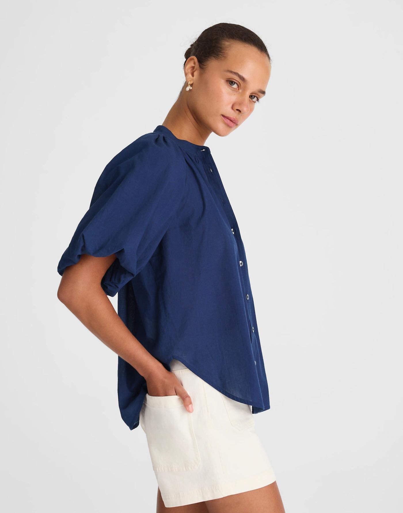 Shirred Balloon-Sleeve Top in Cotton Voile Product Image
