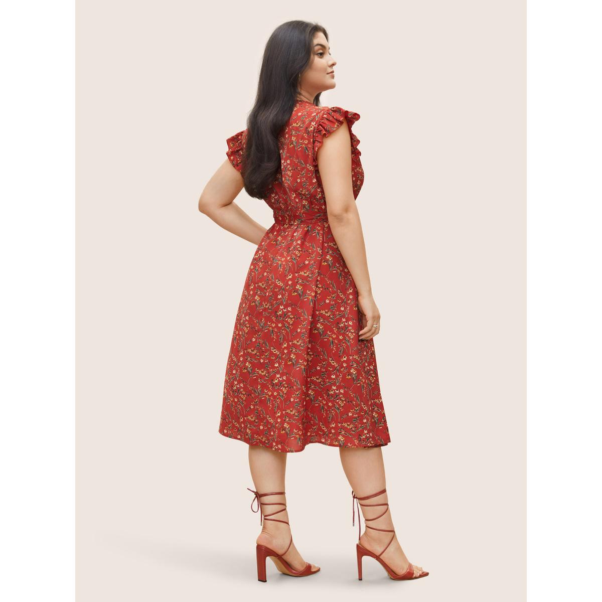 Plus Size Floral Print Frill Notched Flutter Sleeve Dress Raspberry Women Timeless Non Notched collar Sleeveless Curvy Midi Dress BloomChic 18-20/2X Product Image