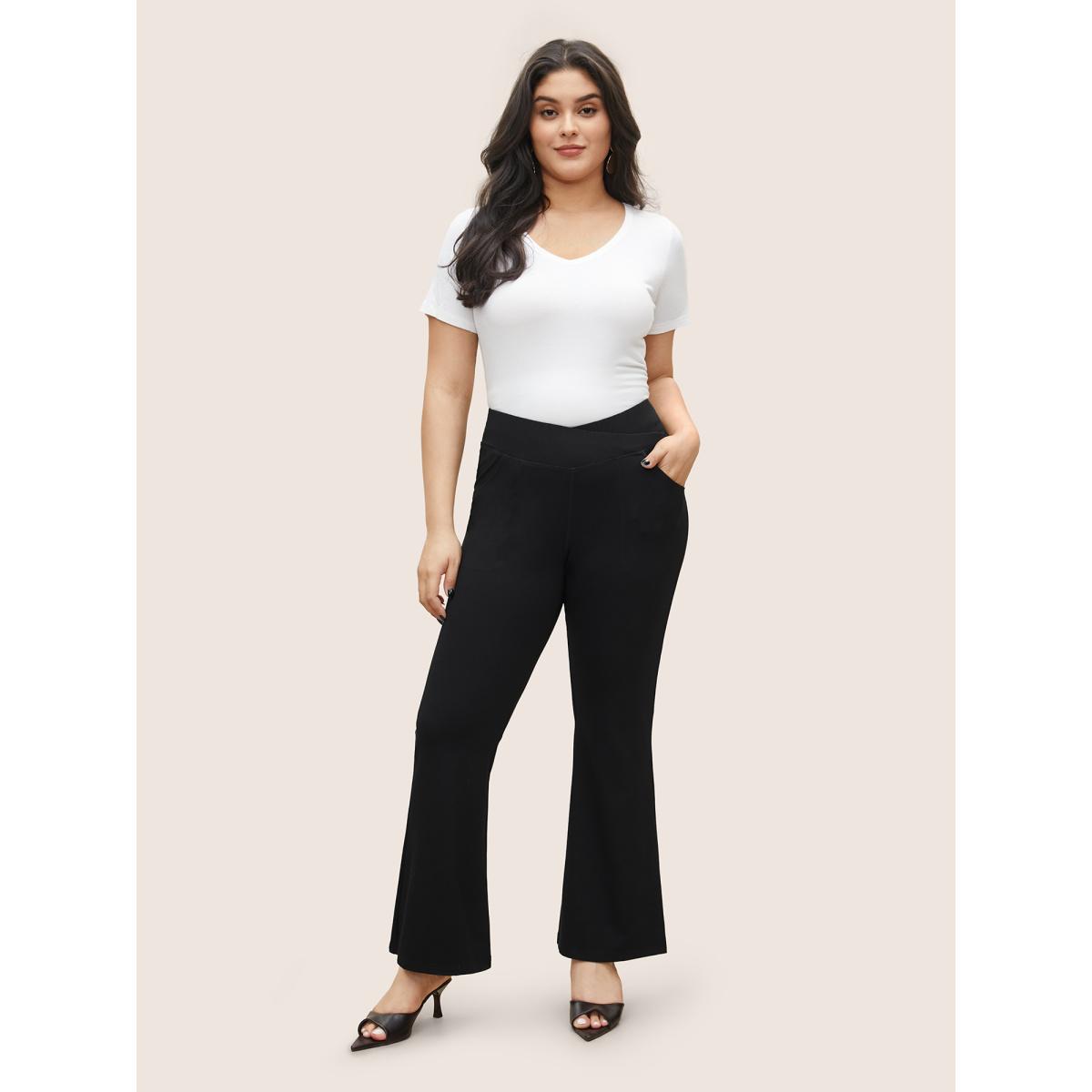 Plus Size Flare Leg Crossover Detail Elastic Waist Pants Women Black Elegant Flare Leg High Rise Everyday Pants BloomChic 18-20/2X Product Image