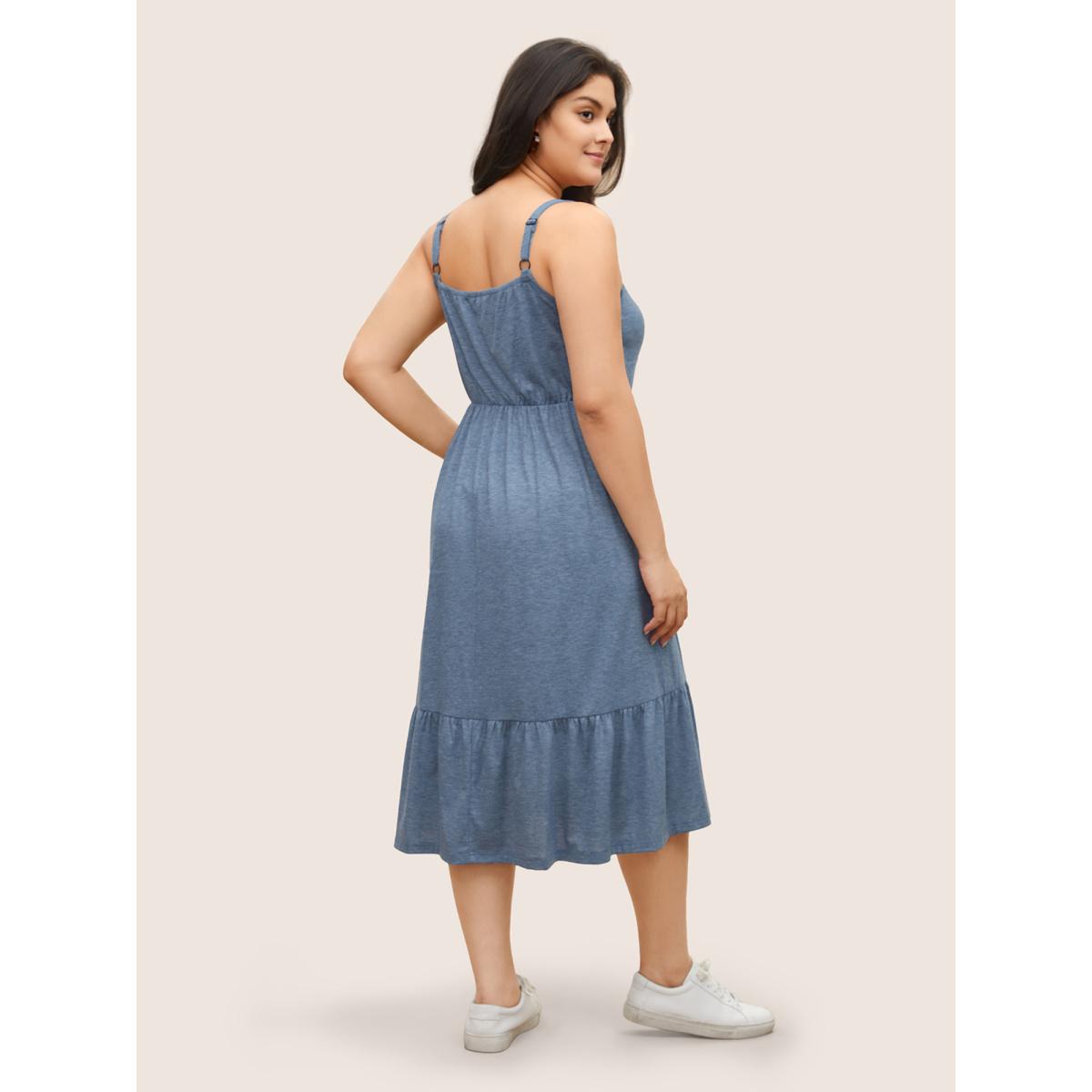 Plus Size Solid Ruffle Layered Hem Drawstring Cami Dress Stone Women Casual Non V-neck Sleeveless Curvy Midi Dress BloomChic 18-20/2X Product Image