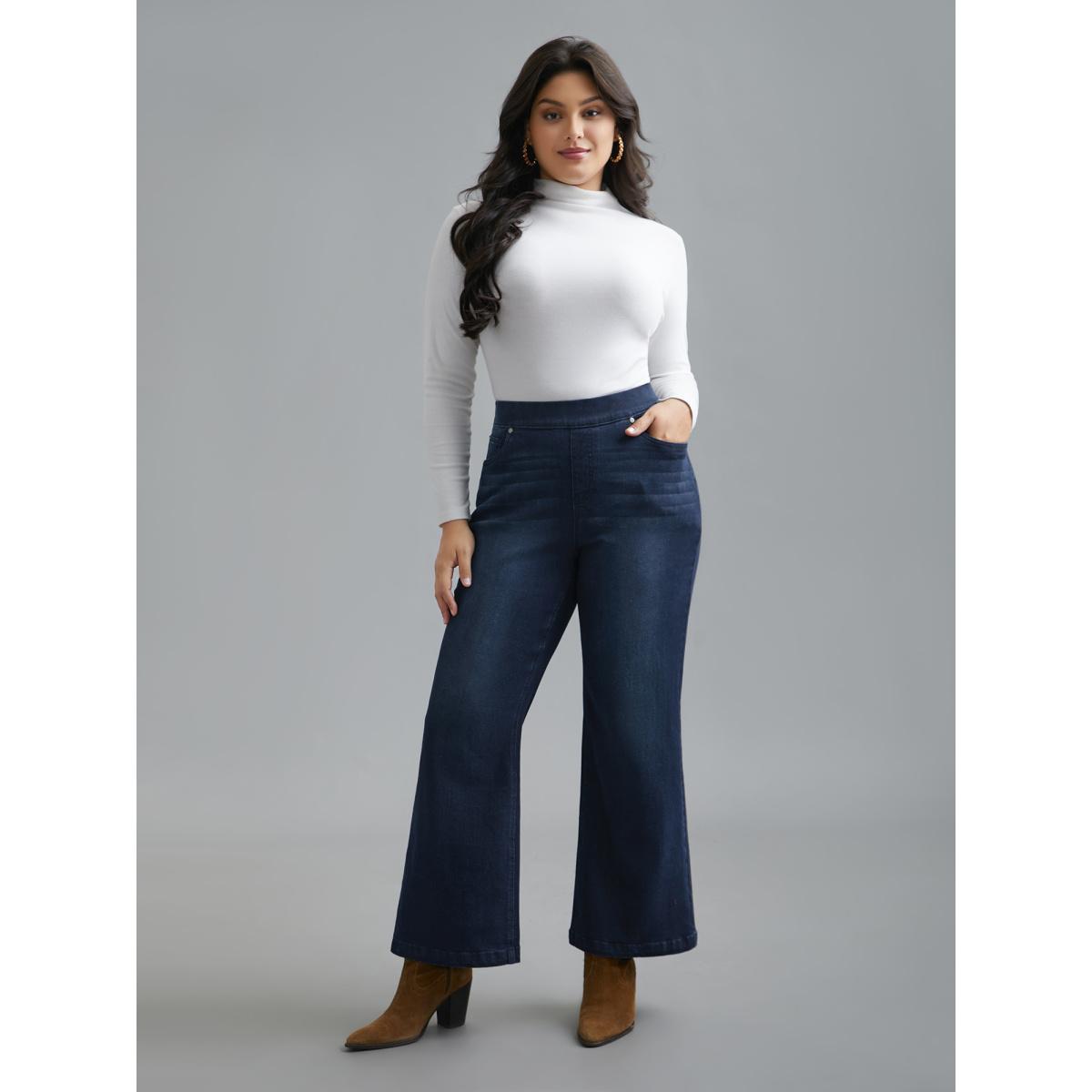 Plus Size Elastic Waist Pocket Bootcut Jeans Women Denimindigo Casual Medium stretch Slanted pocket Jeans BloomChic 22/3X Product Image