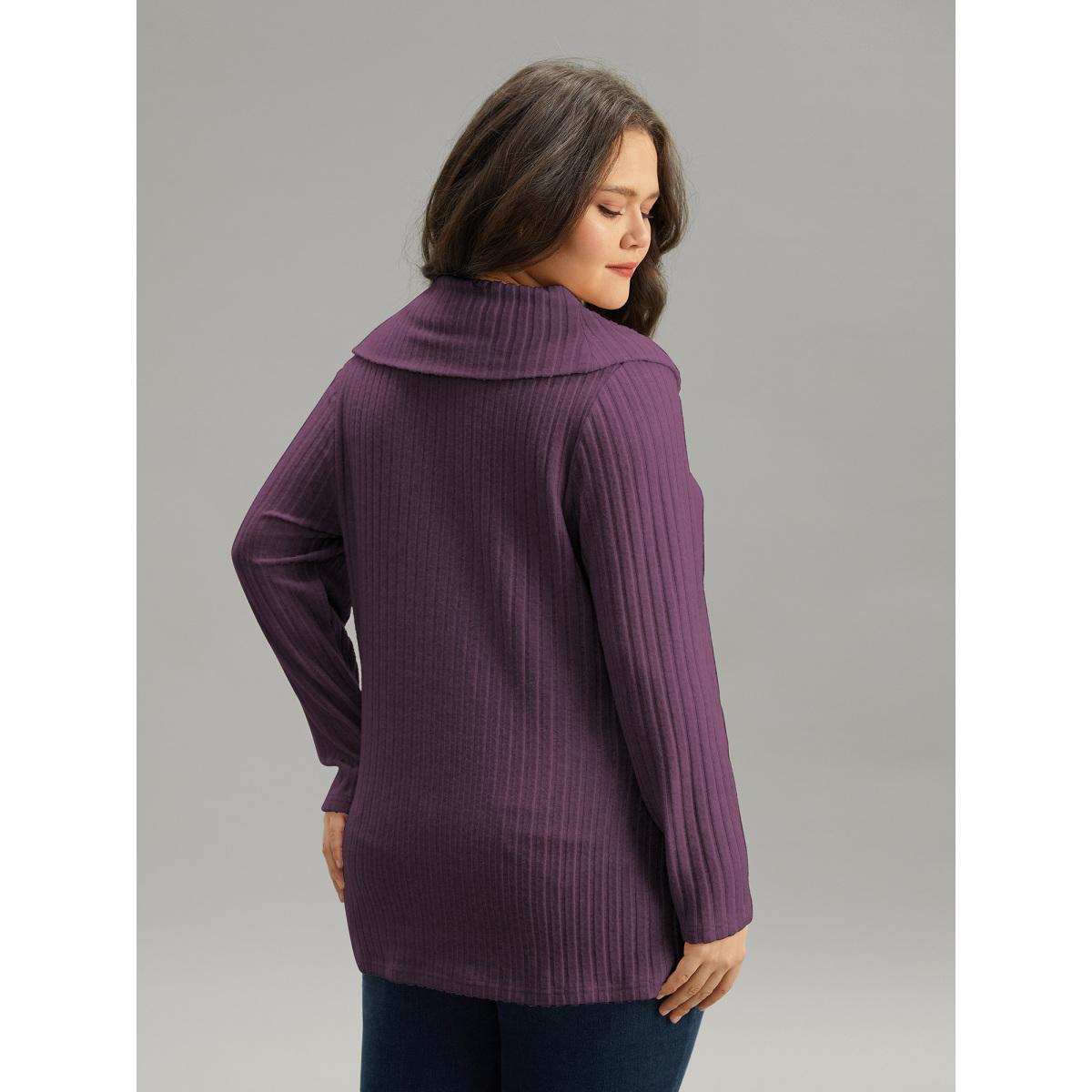 Plus Size Plain Rib Knit Cowl Neck T-shirt Eggplant Women Elegant Texture Plain Ruffled collar Dailywear T-shirts BloomChic 18-20/2X Product Image