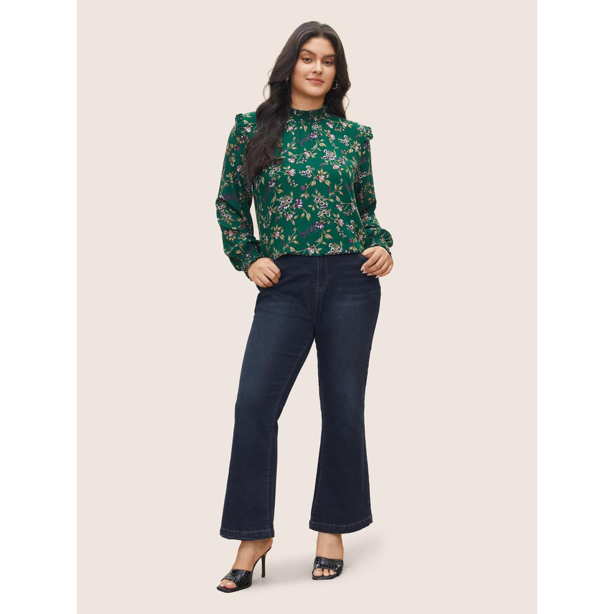 Plus Size DarkGreen Floral Lantern Sleeve Shirred Mock Neck Blouse Women Elegant Long Sleeve Mock Neck Everyday Blouses BloomChic 22-24/3X Product Image