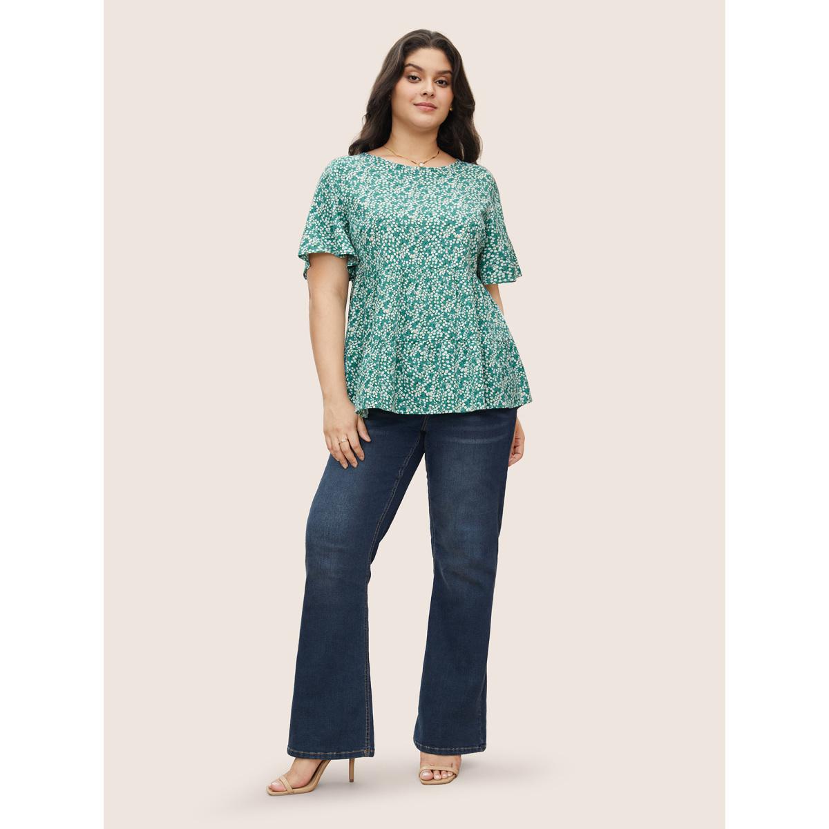 Plus Size Green Ditsy Floral Round Neck Flutter Sleeve Blouse Women Elegant Short sleeve Round Neck Everyday Blouses BloomChic 12/L Product Image