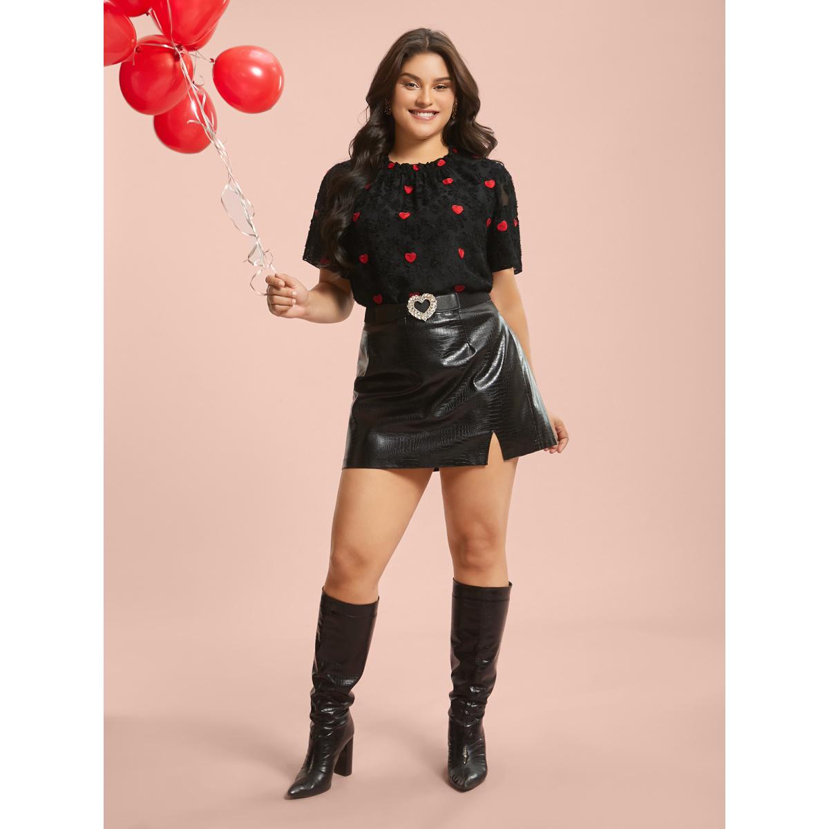 Plus Size Black Heart Jacquard Frill Trim Textured Blouse Women Elegant Short sleeve Mock Neck Everyday Blouses BloomChic 30/6X Product Image