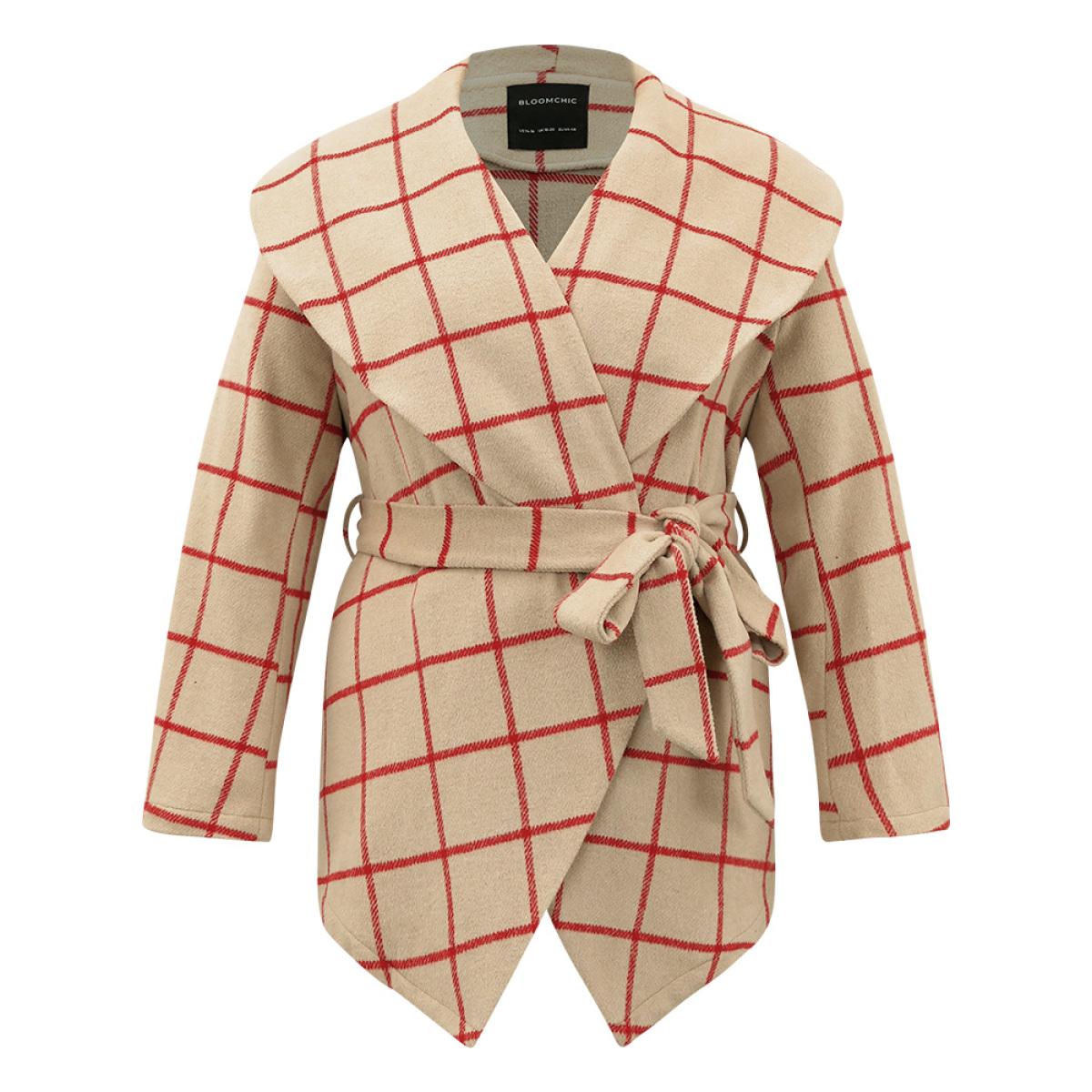 Plus Size Halloween Plaid Belted Asymmetrical Hem Lapel Collar Coat Women Red Casual Belted Ladies Dailywear Winter Coats BloomChic 12/L Product Image