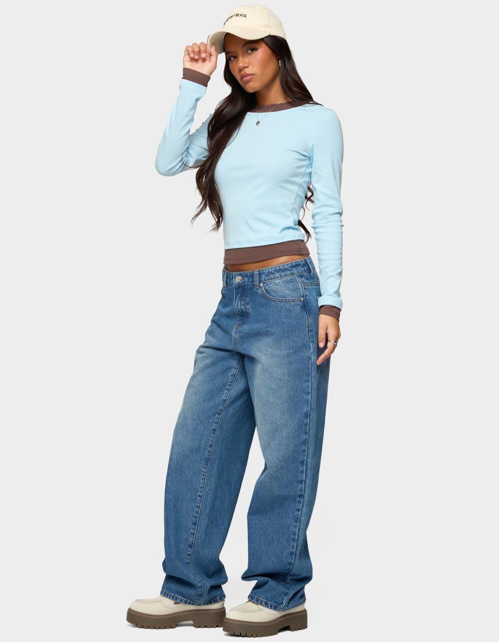 EDIKTED Contrast Layered Look Long Sleeve Tee - LIGHT BLUE Product Image