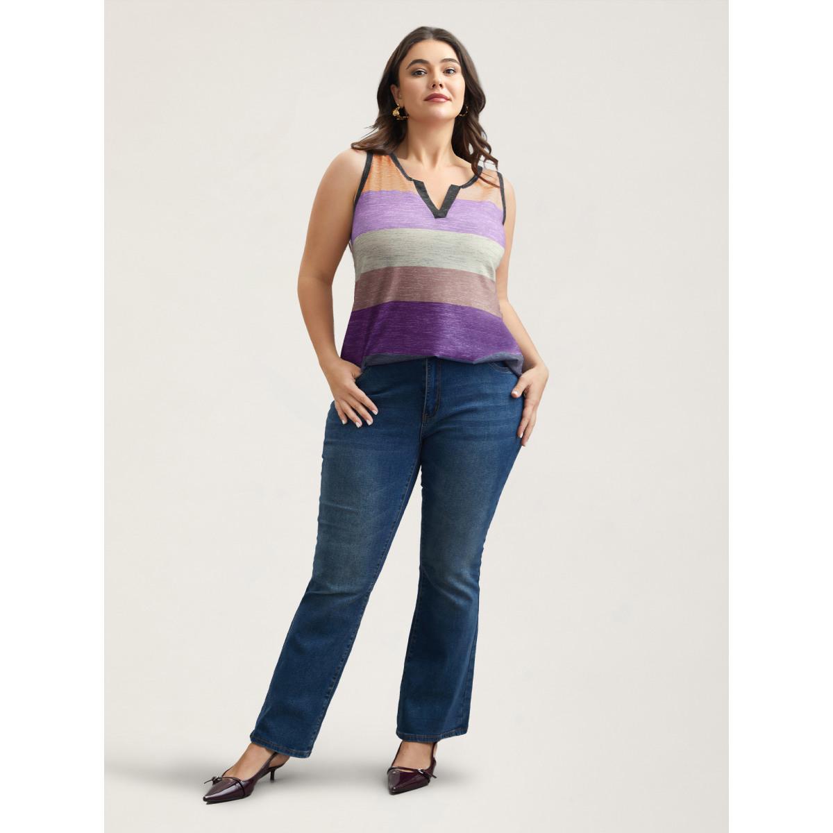 Plus Size Multi-Color Stripes Off-Sleeves Vest Women Lilac Leisure Contrast Notched collar Casual Tank Tops Camis BloomChic 18-20/2X Product Image