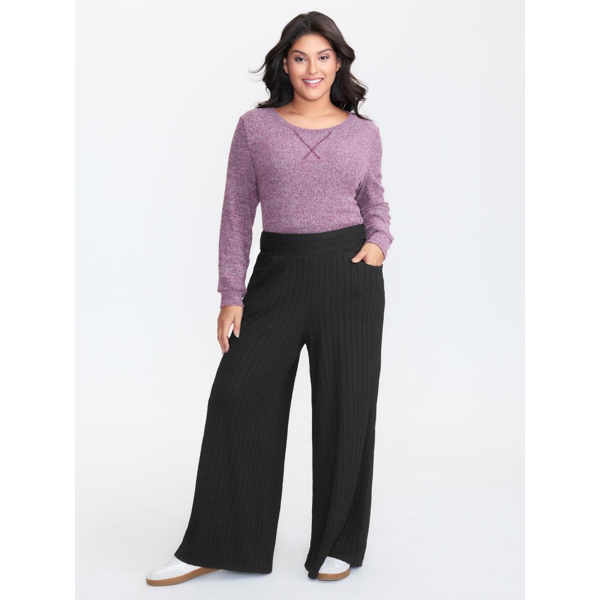 Plus Size Stretchy Cable Knit Wide Leg Pants Women Pureblack Leisure Wide Leg Mid Rise Casual Pants BloomChic 22-24/3X Product Image