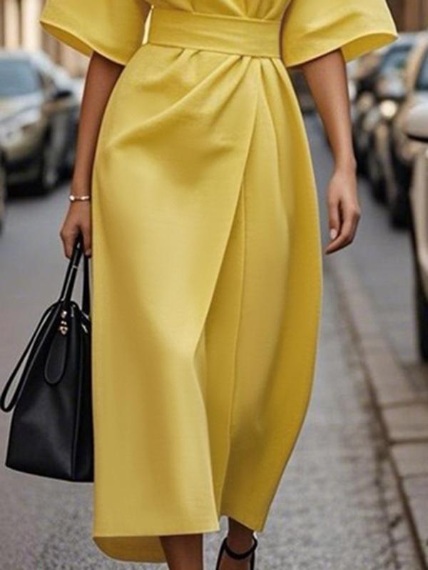 Loose Short Sleeves Pleated Solid Color Split-Joint Round-Neck Midi Dresses Product Image