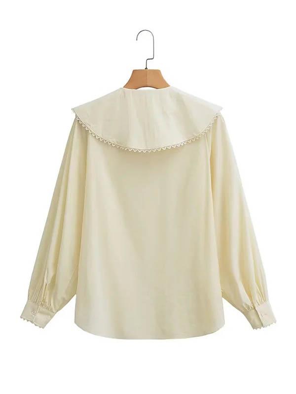 Loose Puff Sleeves Pleated See-Through Solid Color Split-Joint Peter Pan Collar Blouses&Shirts Tops Product Image