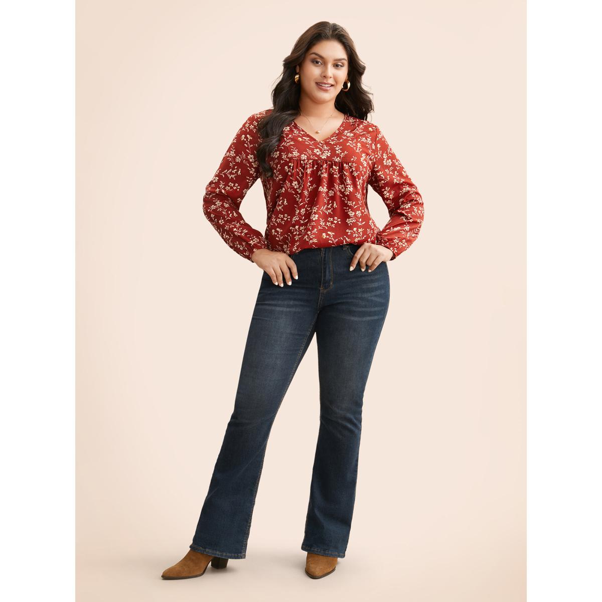 Plus Size Scarlet Ditsy Floral Split Hem Gathered Blouse Women Elegant Extra Long Sleeve V-neck Everyday Blouses BloomChic 30/6X Product Image