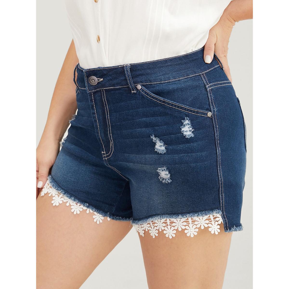 Plus Size Moderately Stretchy Ripped Lace Raw Hem Denim Shorts Women DarkBlue Medium stretch Dailywear Pocket Elegant Denim Shorts BloomChic 10/M Product Image