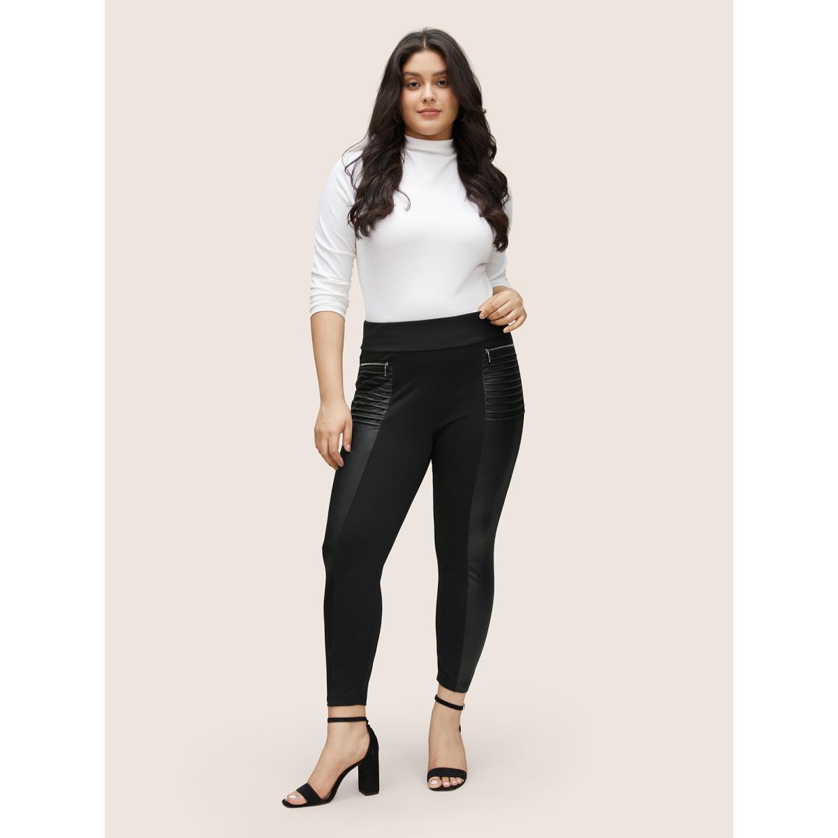 Plus Size Zip Detail Wideband Waist Patchwork Pocket Pants Women Black Casual Skinny High Rise Everyday Pants BloomChic 18-20/2X Product Image