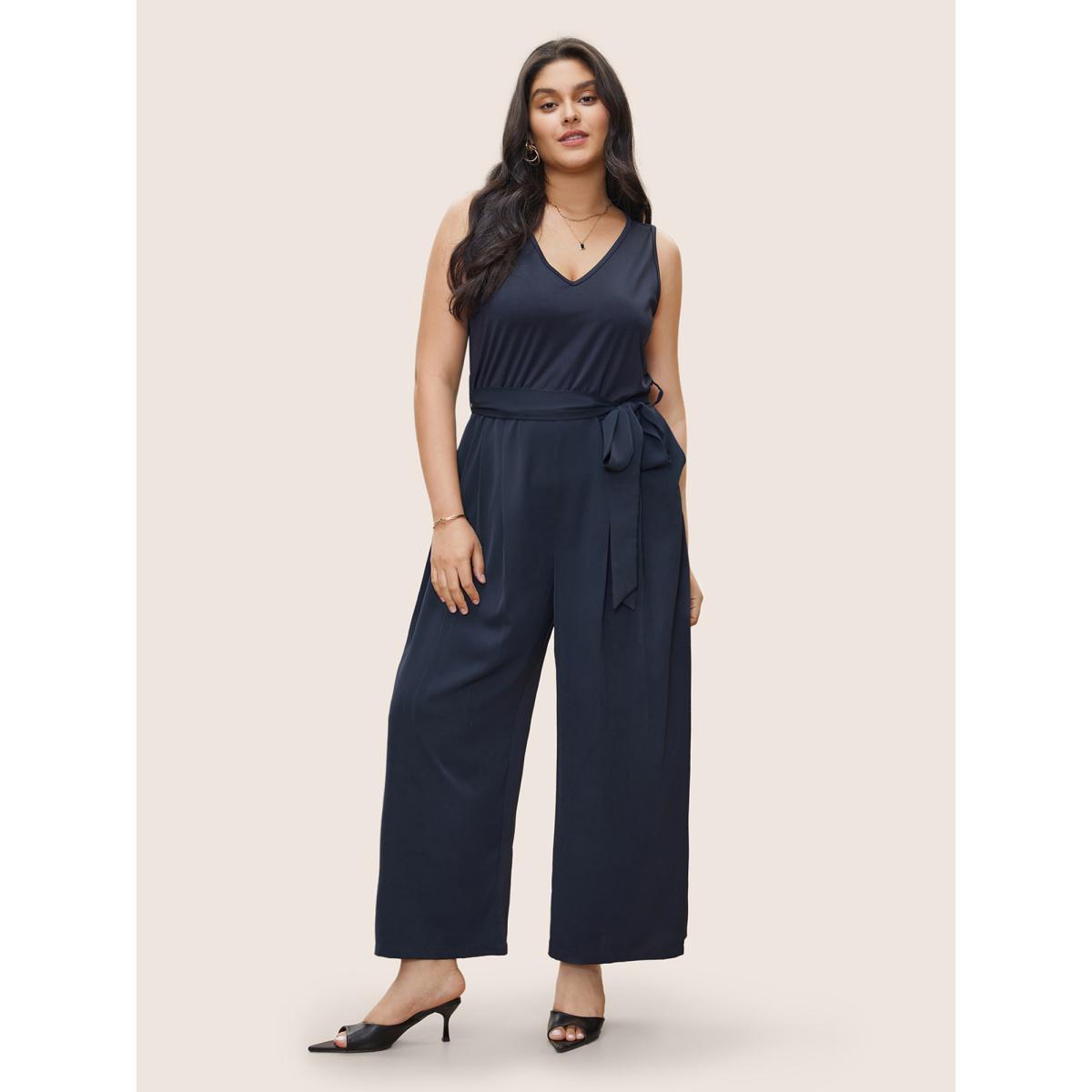 Plus Size DarkBlue Anti-Wrinkle Patchwork Pleated Detail Tank Jumpsuit Women Casual Sleeveless V-neck Everyday Loose Jumpsuits BloomChic 22-24/3X Product Image