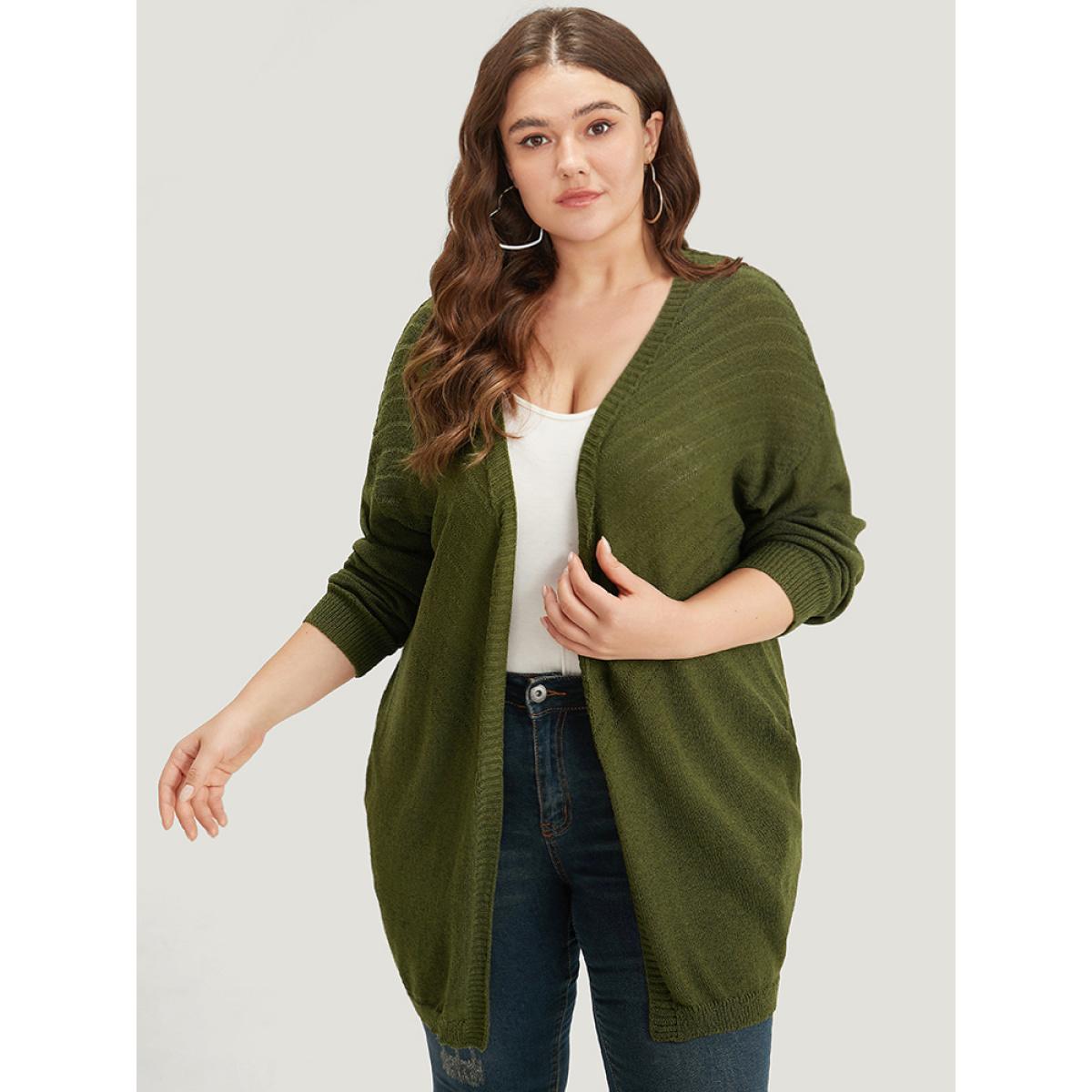 Plus Size Plain Pocket Open Front Cardigan ArmyGreen Women Casual Loose Long Sleeve Dailywear Cardigans BloomChic 28/5X Product Image