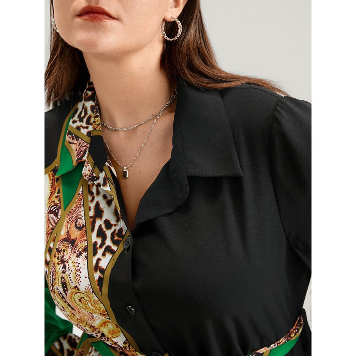 Plus Size Chain Print Shirt Collar Pocket Split Belted Button Up Dress Green Women Office Printed Shirt collar Curvy Midi Dress BloomChic 22-24/3X Product Image