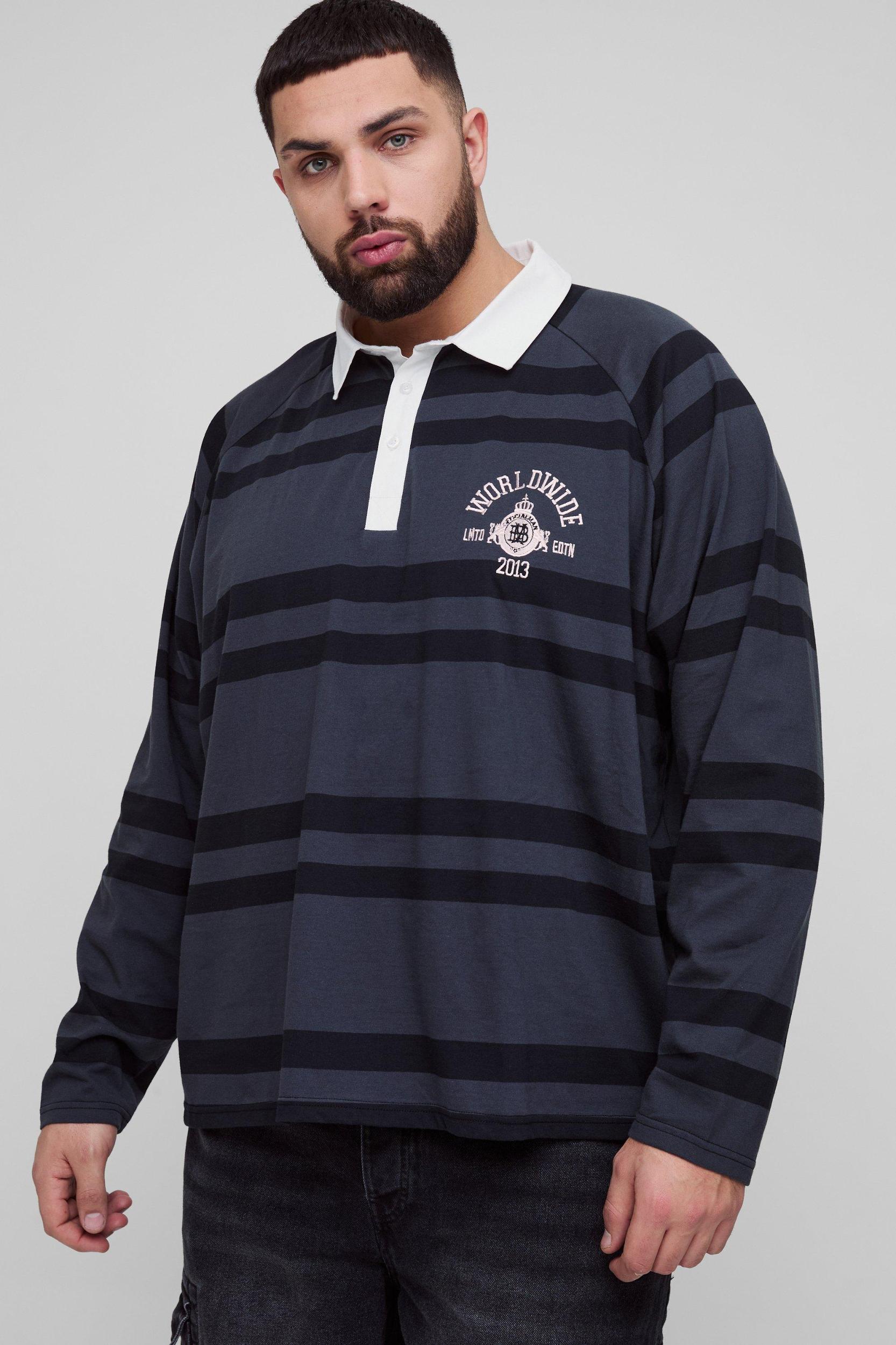 Plus Oversized Raglan Embroidered Rugby Shirt | boohooMAN USA Product Image