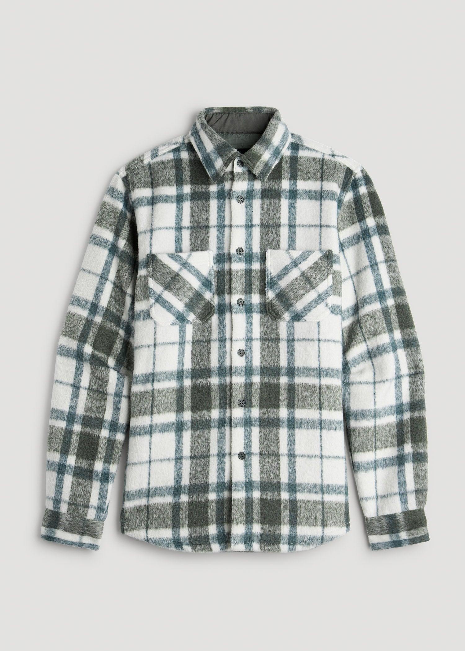 Brushed Flannel Overshirt for Tall Men in Ecru and Green Plaid Male Product Image