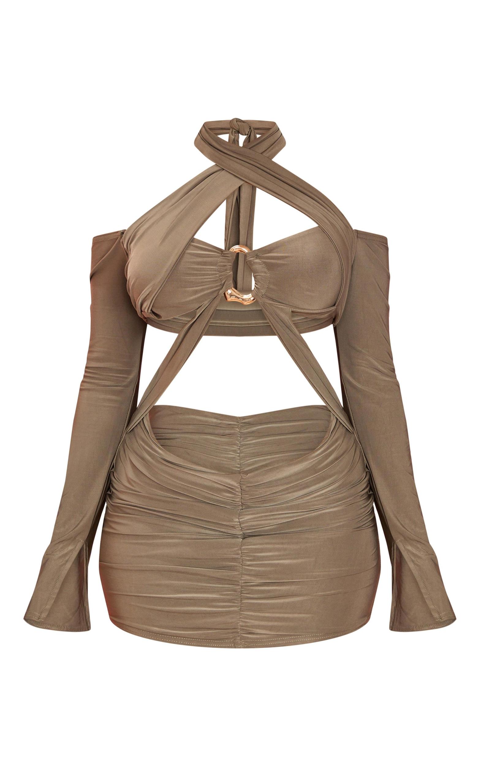 Olive Slinky Long Sleeve Twm Detail Cut Out Mini Dress Product Image