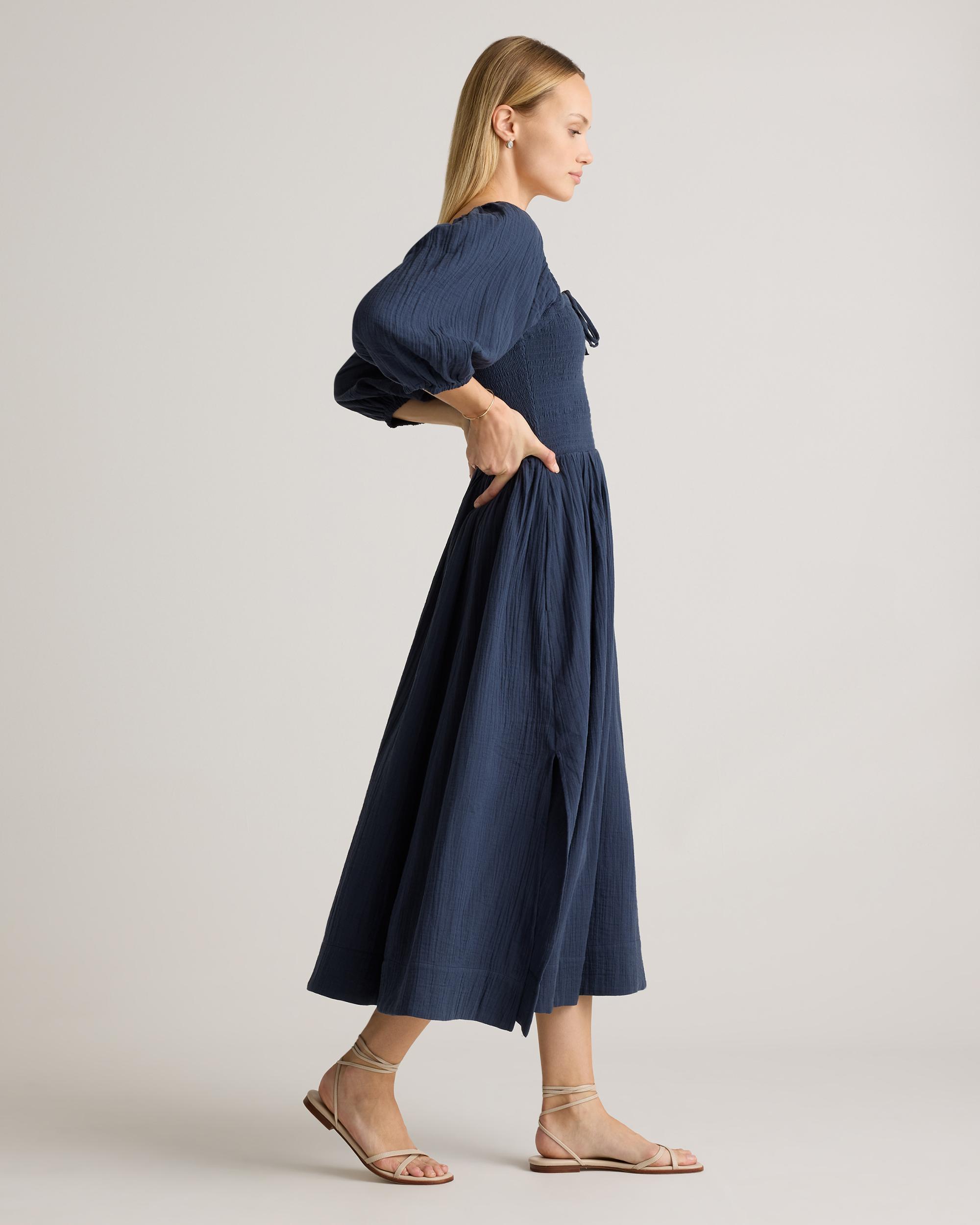 Quince | Women's Gauze Smocked Square Neck Midi Dress Organic Cotton Product Image