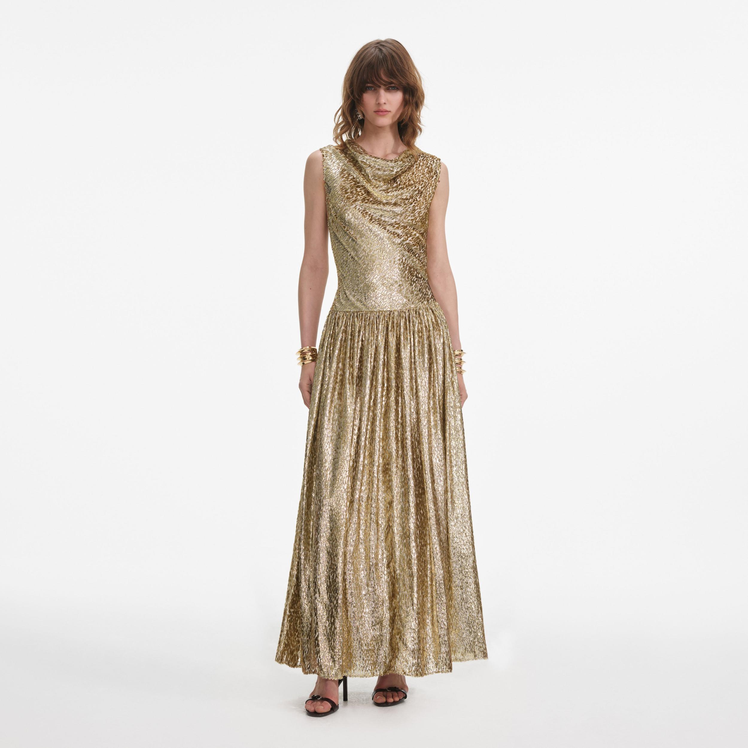 Gold Sleeveless Fil Coupe Maxi Dress Product Image