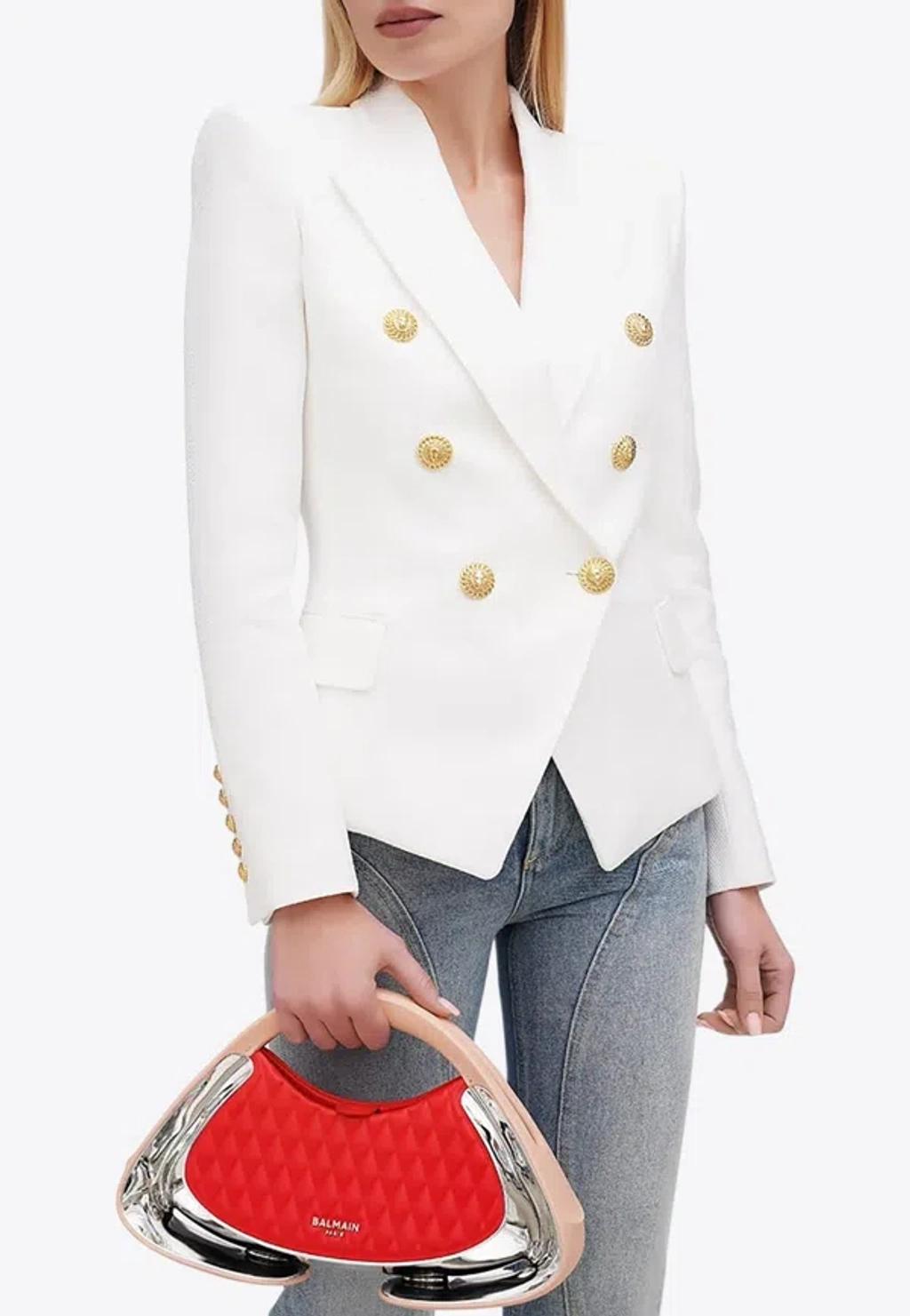 BALMAIN Double-breasted Structured Denim Blazer With Peak Lapel In White Product Image