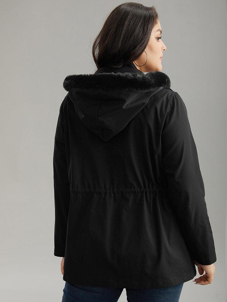 Plain Zipper Hooded Pocket Drawstring Coat Female Product Image