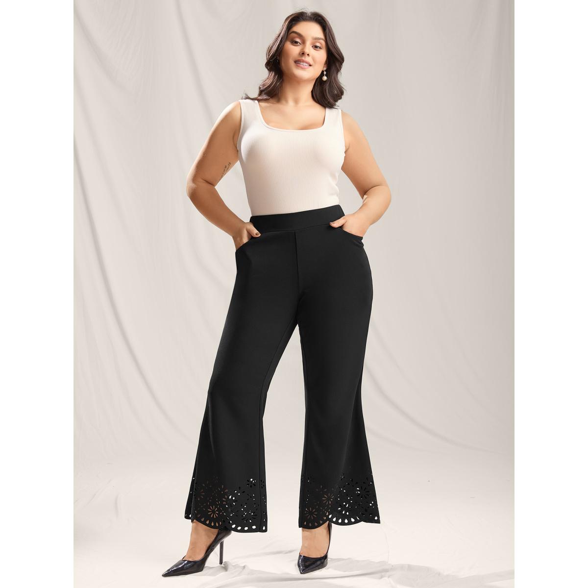 Plus Size Scalloped Laser Cut Bootcut Pants Women Black Elegant Bootcut Mid Rise Everyday-Elegant Pants BloomChic 28/5X Product Image