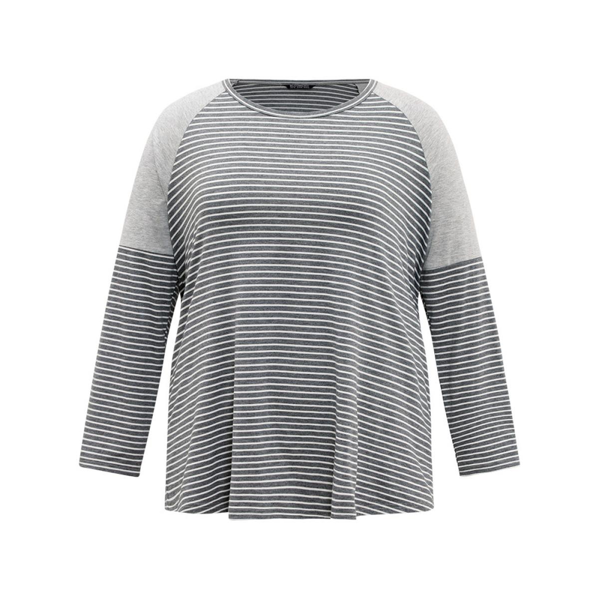 Plus Size Striped Patchwork Crew Neck Raglan Sleeve T-shirt Gray Women Casual Patchwork Striped Round Neck Dailywear T-shirts BloomChic 22-24/3X Product Image