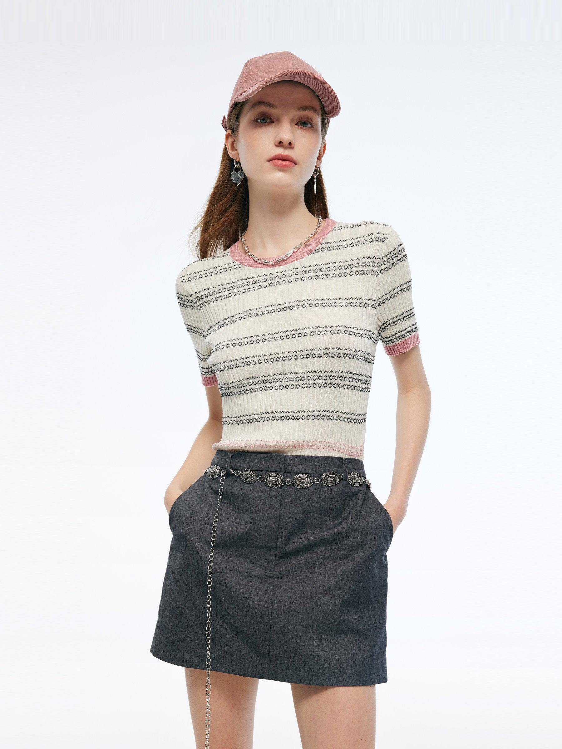 Tencel Blend Color Block Stripe Women Knit Top Product Image