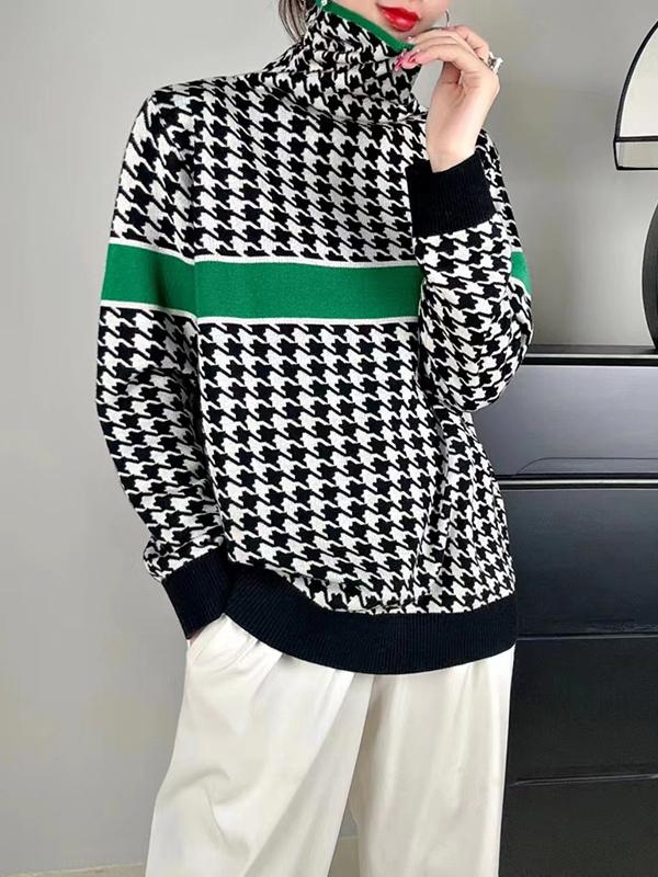 Long Sleeves Loose Contrast Color Houndstooth Split-Joint High Neck Pullovers Sweater Tops Product Image