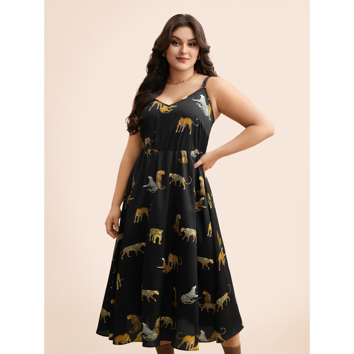 Plus Size Animal Print Elastic Waist Cami Dress Black Women Elegant Non V-neck Sleeveless Curvy BloomChic 30/6X Product Image