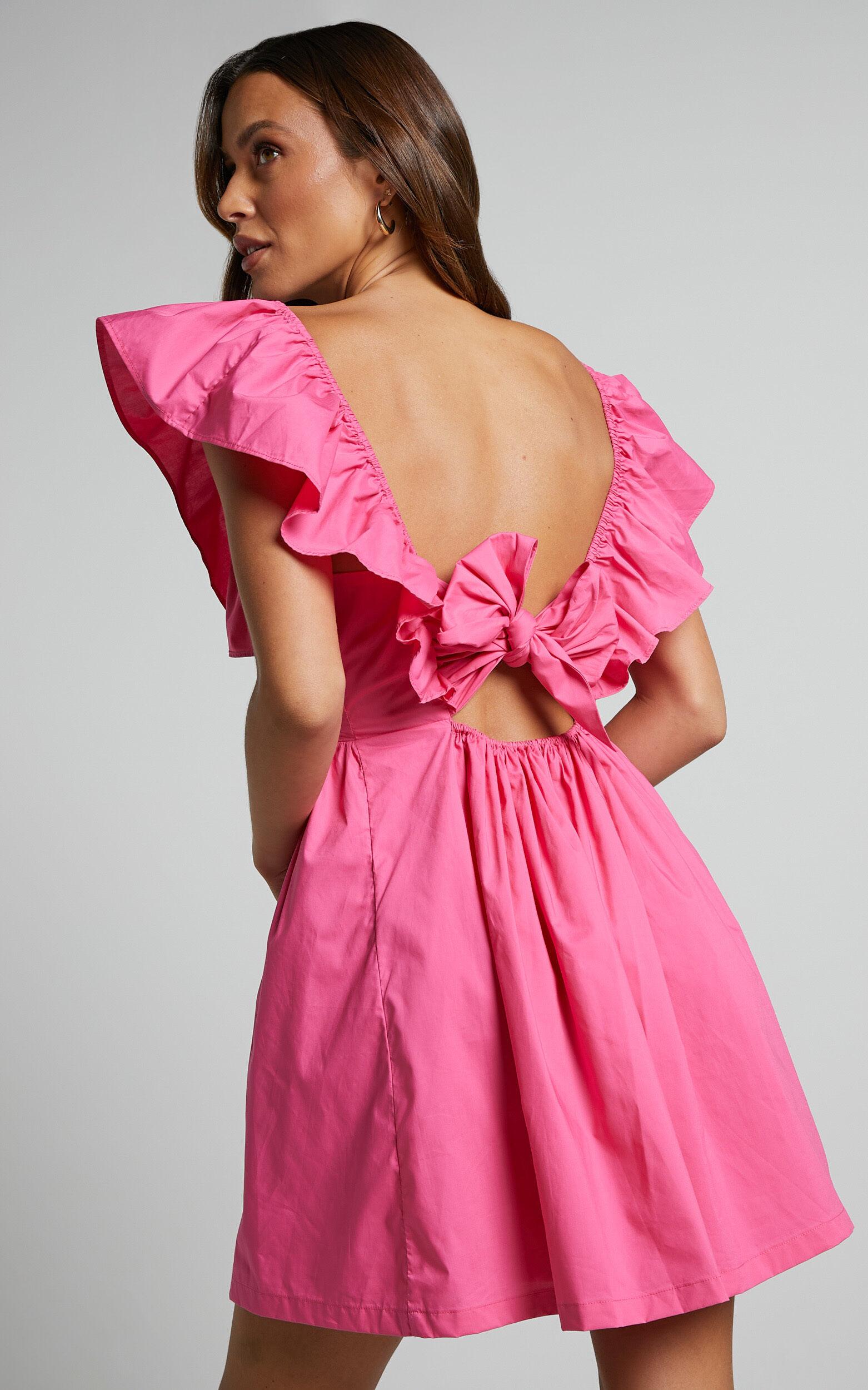 Raiza Mini Dress - Ruffle Sleeve Tie Back Plunge Dress in Fuchsia Product Image