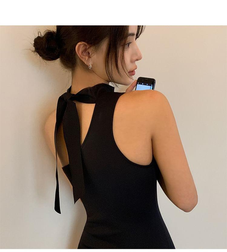 One Shoulder Tie Neck Plain Swimsuit Product Image