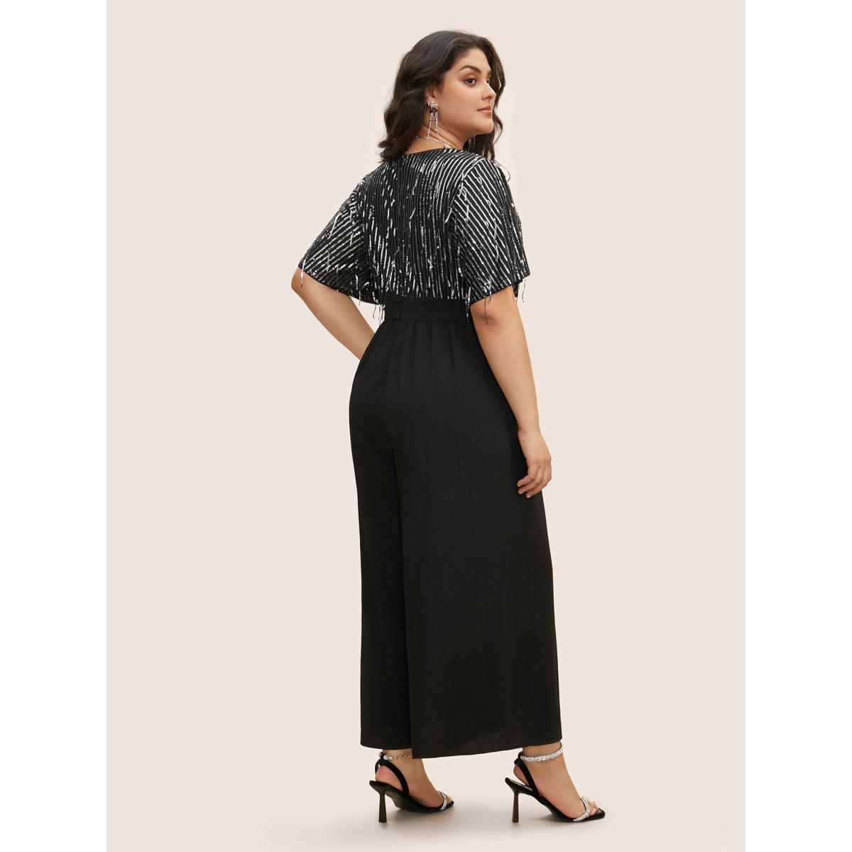 Plus Size Black V Neck Sequins Tassel Detail Wrap Jumpsuit Women Cocktail Short sleeve V-neck Party Loose Jumpsuits BloomChic 18-20/2X Product Image