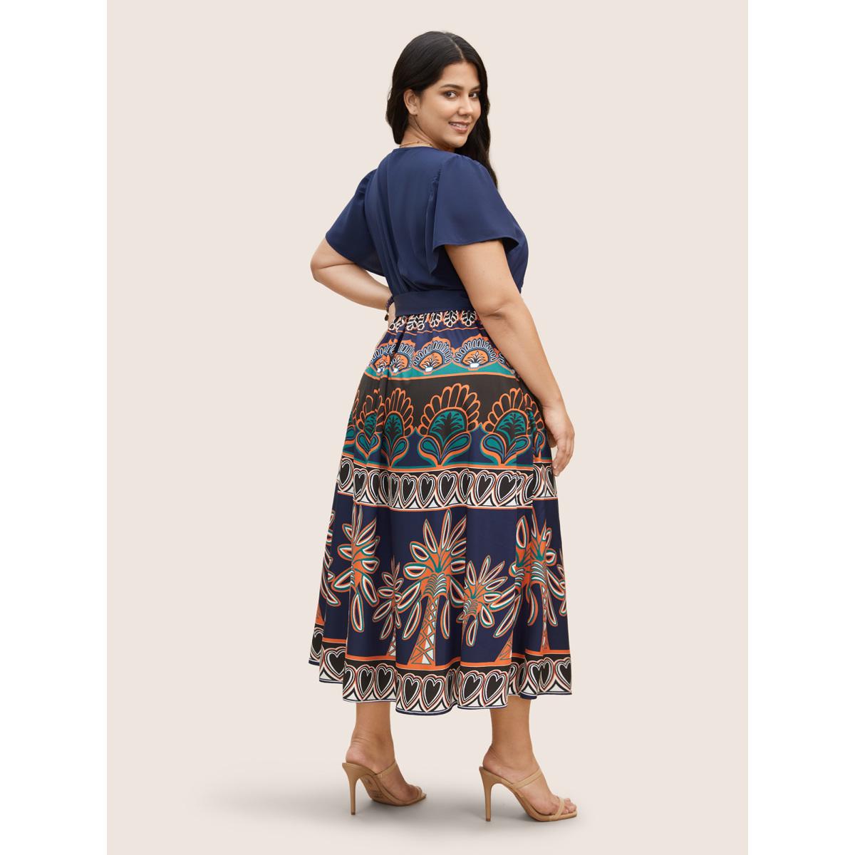 Plus Size Boho Print Patchwork Ruffle Sleeve Dress DarkBlue Women Resort Belted V-neck Short sleeve Curvy BloomChic 12/L Product Image