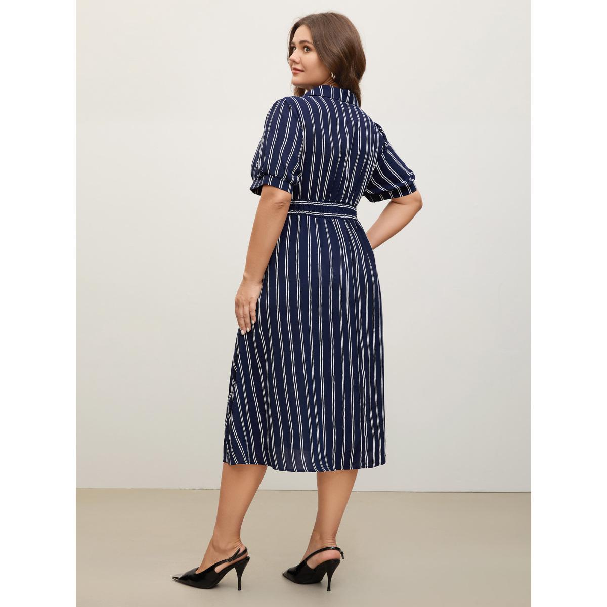 Plus Size Striped Waist-Cinched Pockets Midi Dress Indigo Women Pleated Shirt collar Short sleeve Curvy BloomChic 14-16/1X Product Image